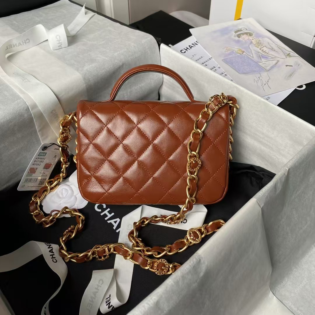 Chanel 24A AS4992 Mini Shiny Lambskin Flap Bag with Top Handle Brown