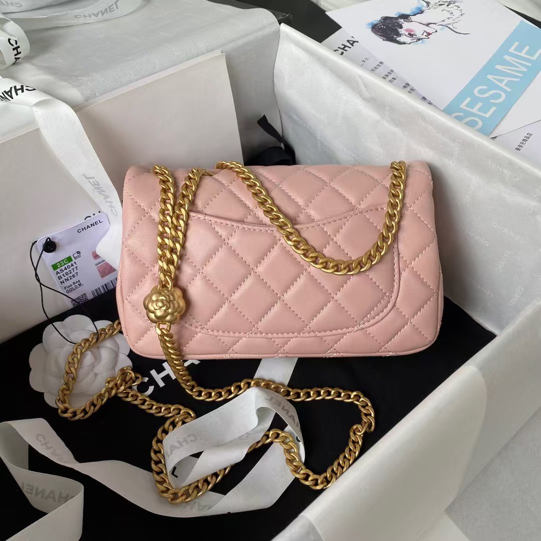 Chanel 23S AS4041 Mini Camellia Embossed Rectangular Flap Bag Antique Gold Metal Hardware Light Pink
