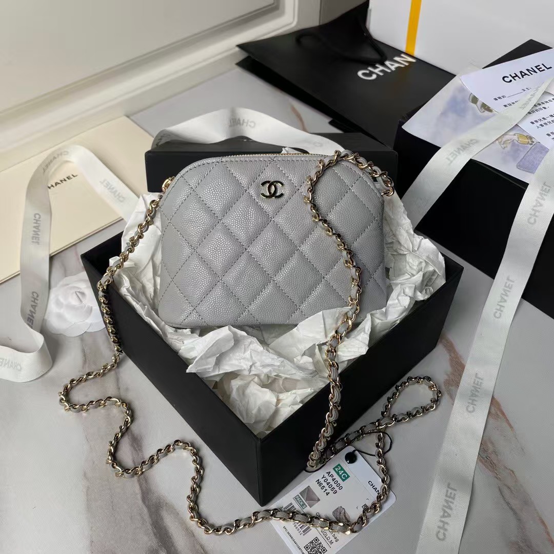 Chanel 24S AP4000 Mini Clutch With Chain Crossbody Bag Grey Caviar Light Gold Hardware