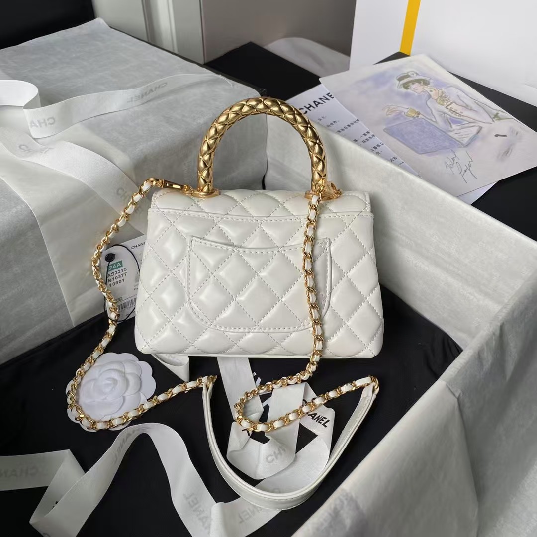 Chanel AS2215 Mini Flap Bag With Metal Top Handle Shiny Calfskin White