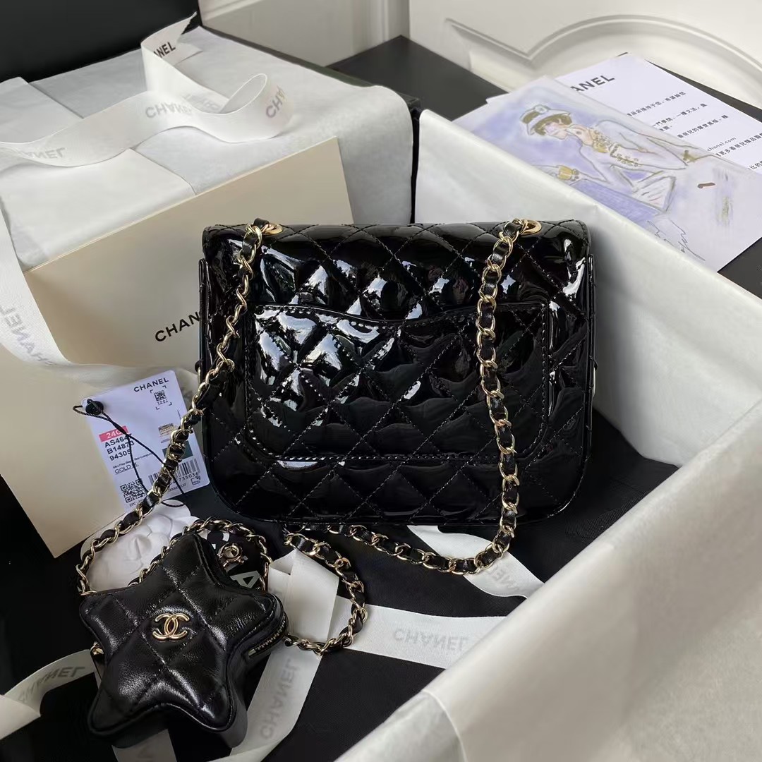 Chanel AS4647 Mini Flap Bag With Star Coin Purse Metallic Calfskin & Gold Metallic Black