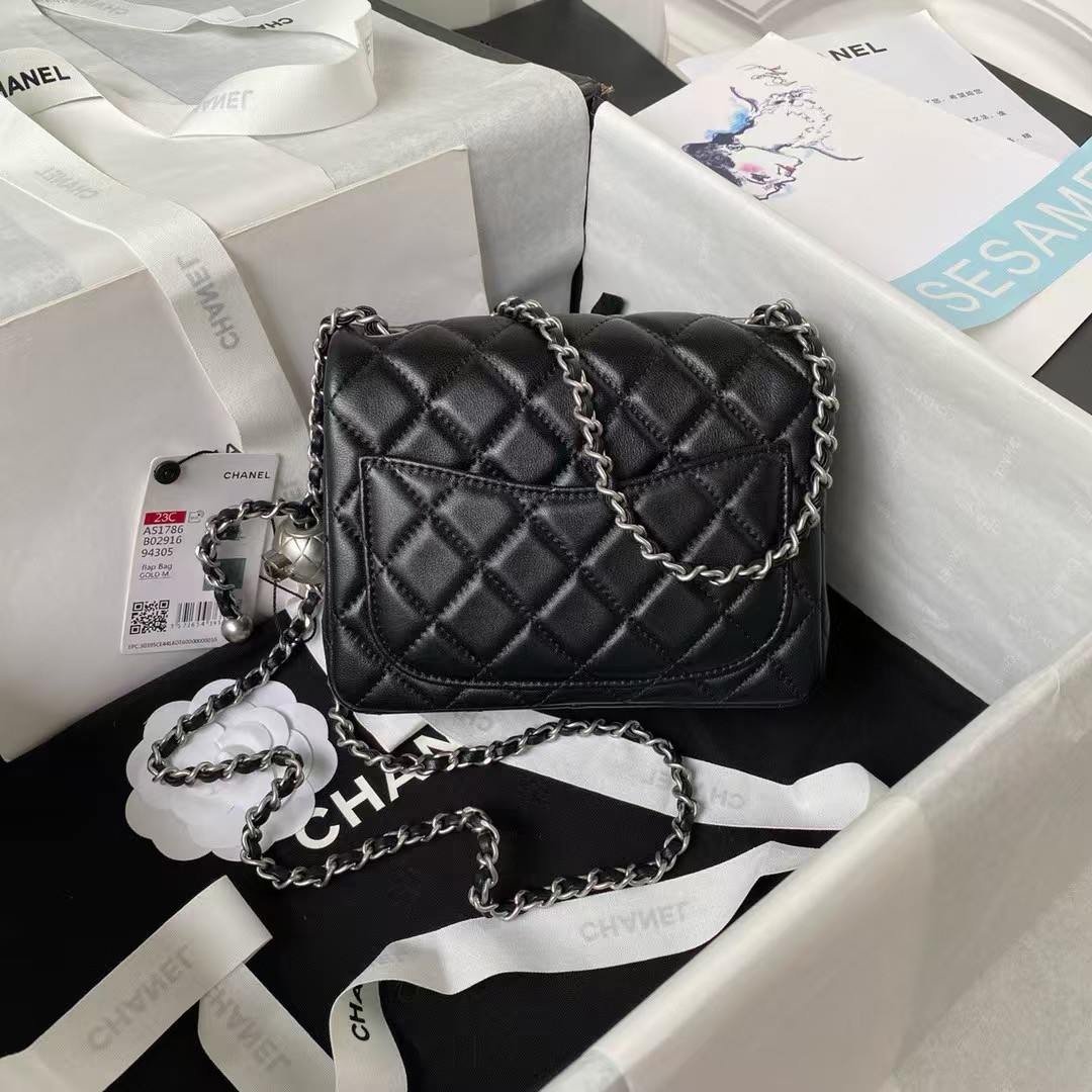 Chanel 23C AS1786 Mini Square Pearl Embossed Flap Bag Antique Silver Hardware Black