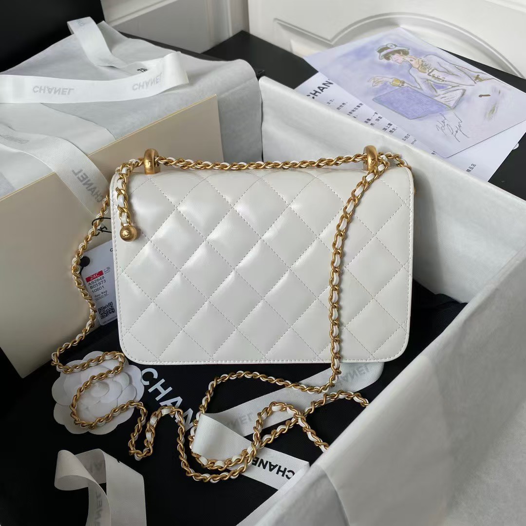 Chanel AS2649 Chain Bag With Gold Charm Small Vintage Calfskin Bag White
