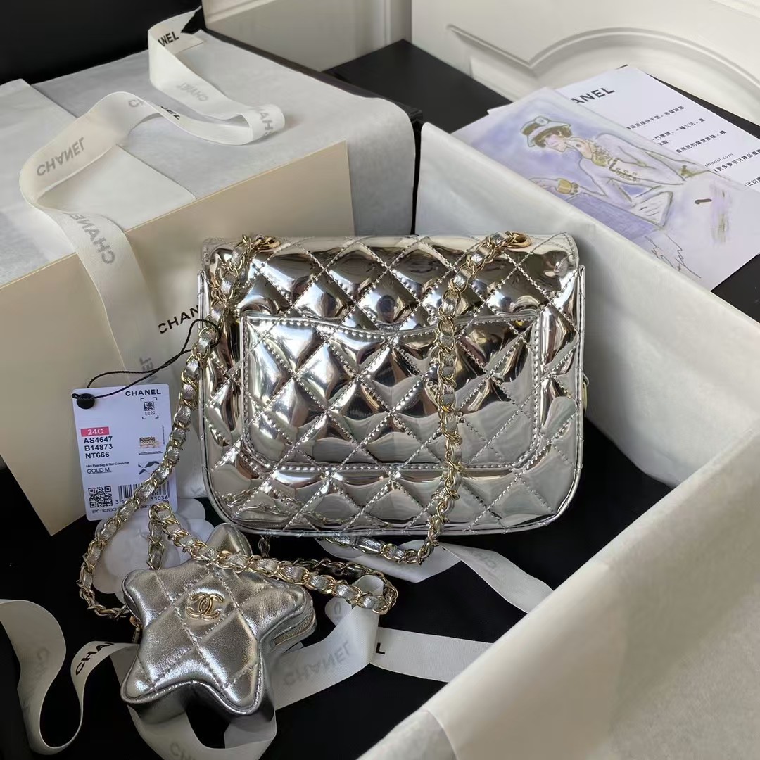 Chanel AS4647 Mini Flap Bag With Star Coin Purse Metallic Calfskin & Gold Metallic Silver