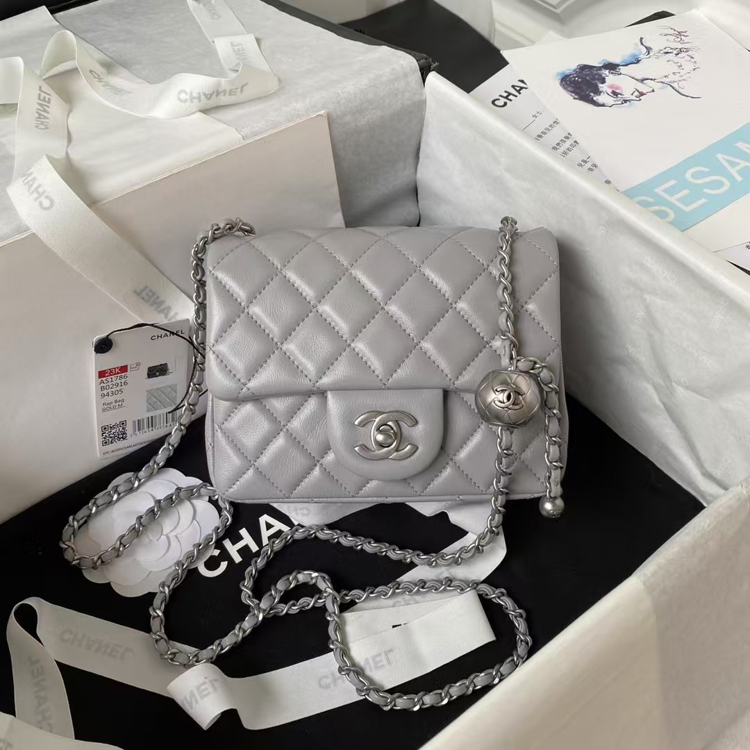 Chanel 23C AS1786 Mini Square Pearl Embossed Flap Bag Antique Silver Hardware Grey