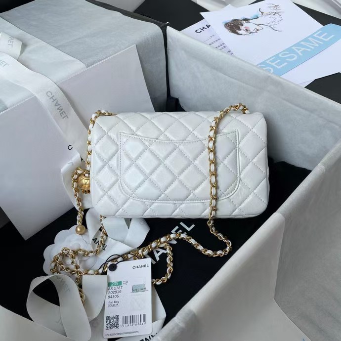 Chanel 23K AS1787 Mini Pearl Embossed Rectangular Flap Bag Lambskin Brushed Metal Hardware White