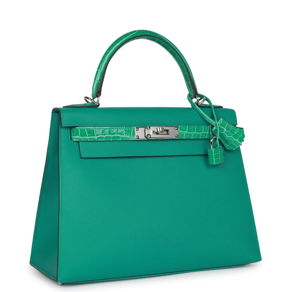 Hermes Kelly Sellier 28 Vert Verone Madame and Shiny Niloticus Crocodile Touch Palladium