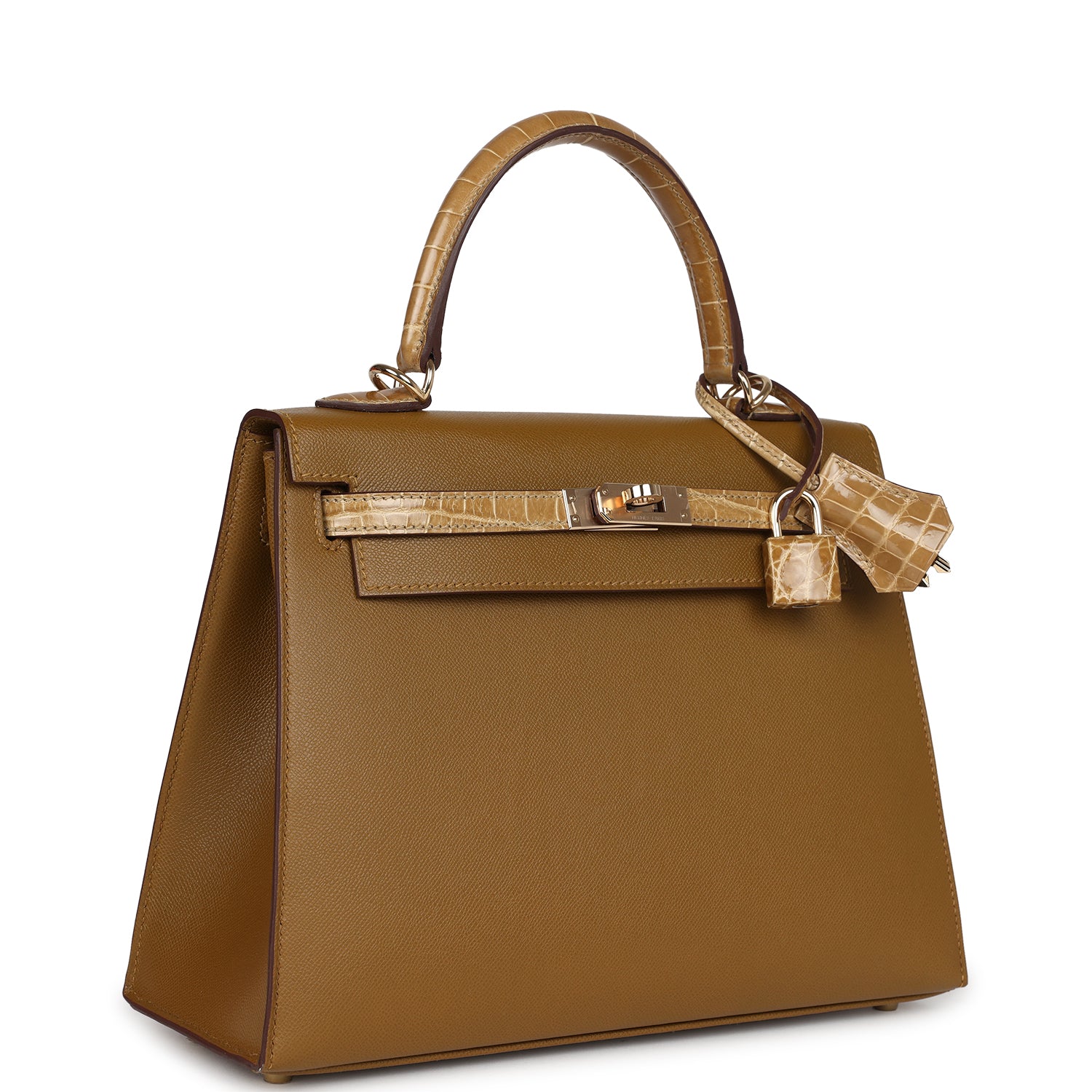Hermes Kelly Sellier 25 Bronze Dore Madame and Sable Shiny Niloticus Crocodile Touch Permabrass Hardware