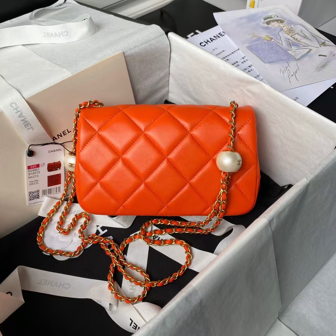 Chanel AS4861 Small Flap Bag Pearl Lambskin Faux Pearl & Gold Metal Orange