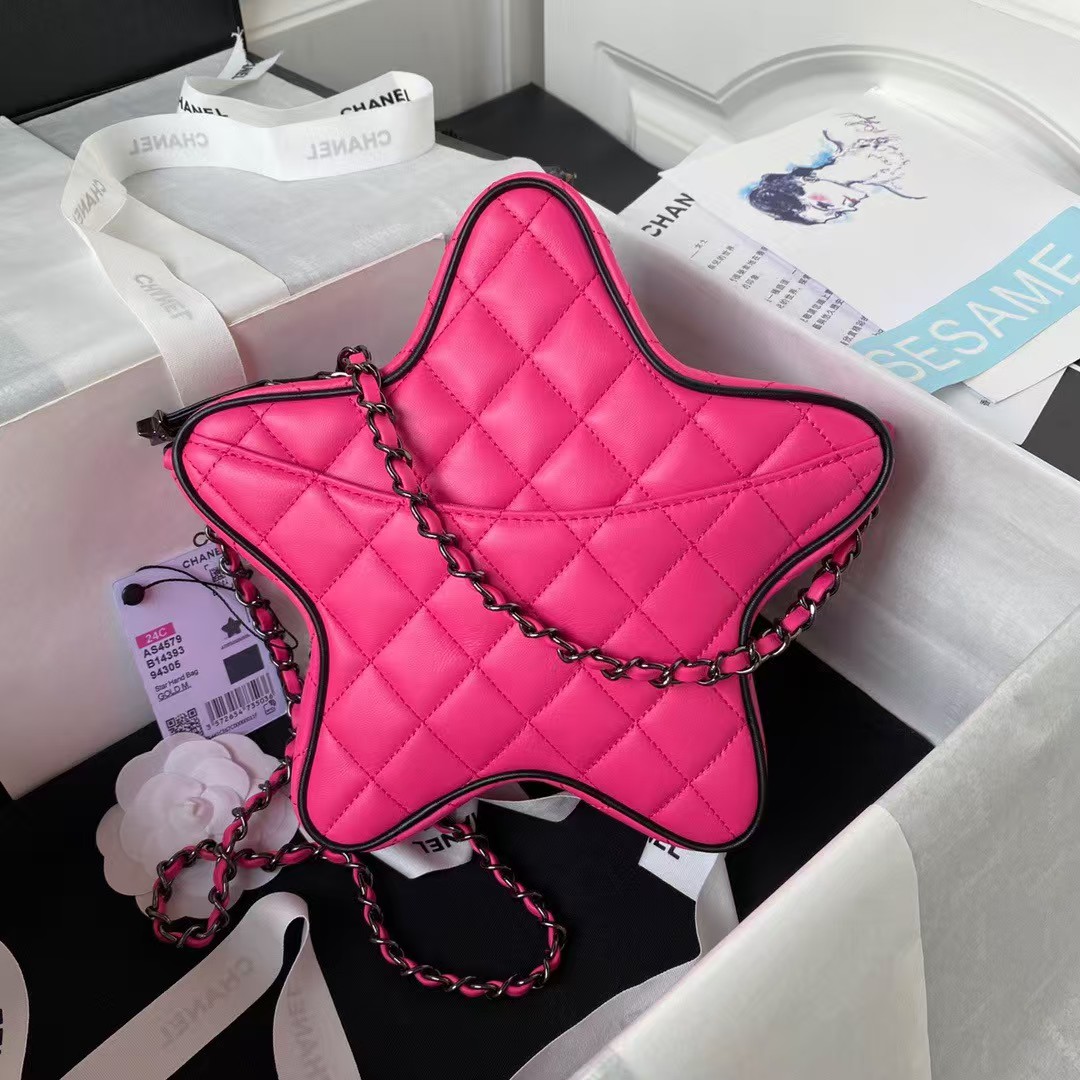 Chanel 24C AS4579 Star Bag Fuchsia and Black Satin Black Metal Hardware
