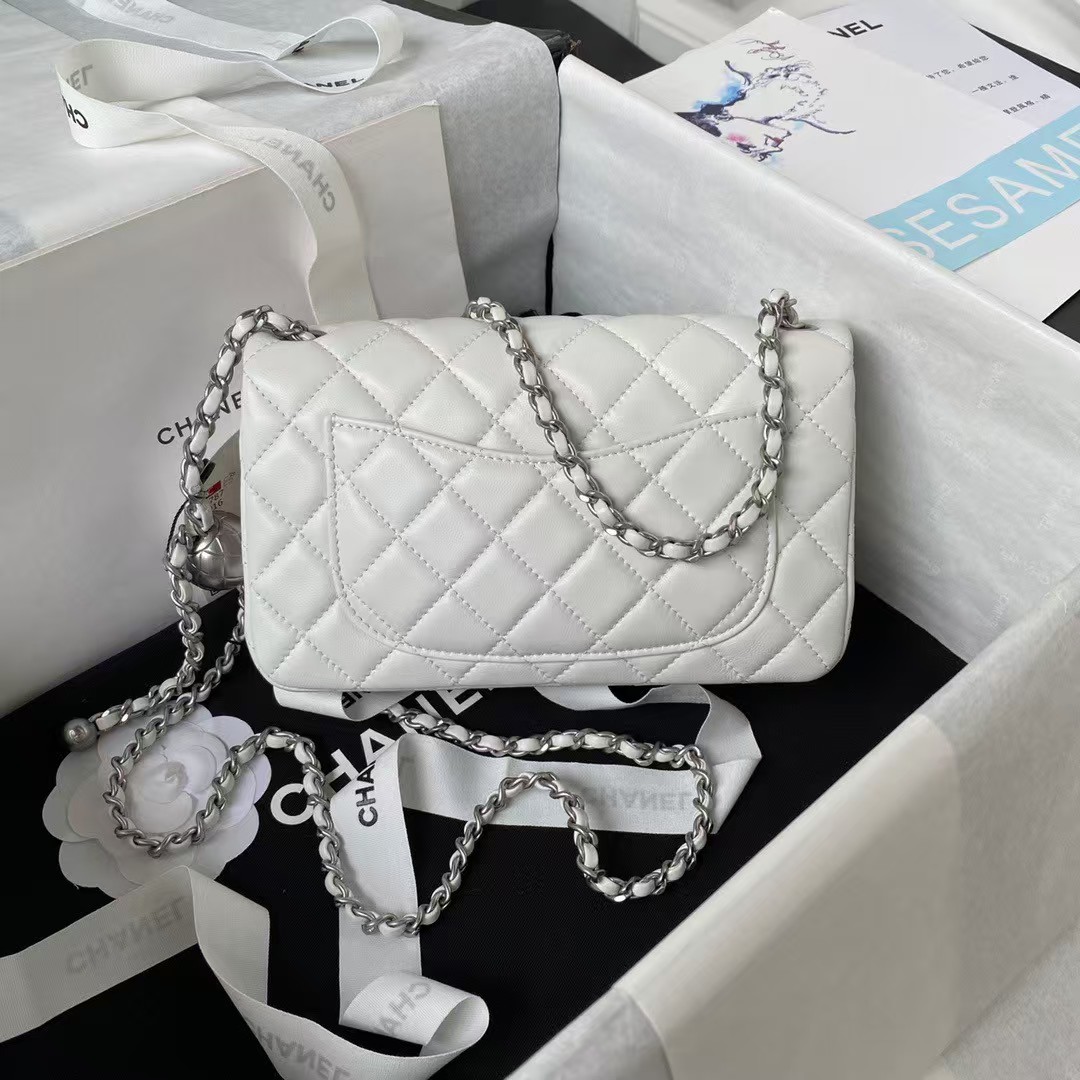 Chanel 23K AS1787 Mini Pearl Embossed Rectangular Flap Bag Lambskin Brushed Silver Metal Hardware White