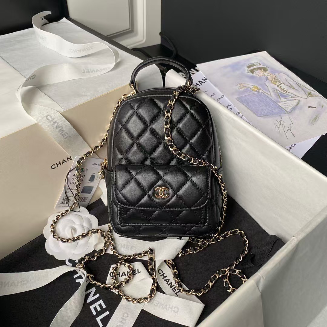 Chanel 24C AP3573 Mini Backpack Lambskin Gold Metal Black