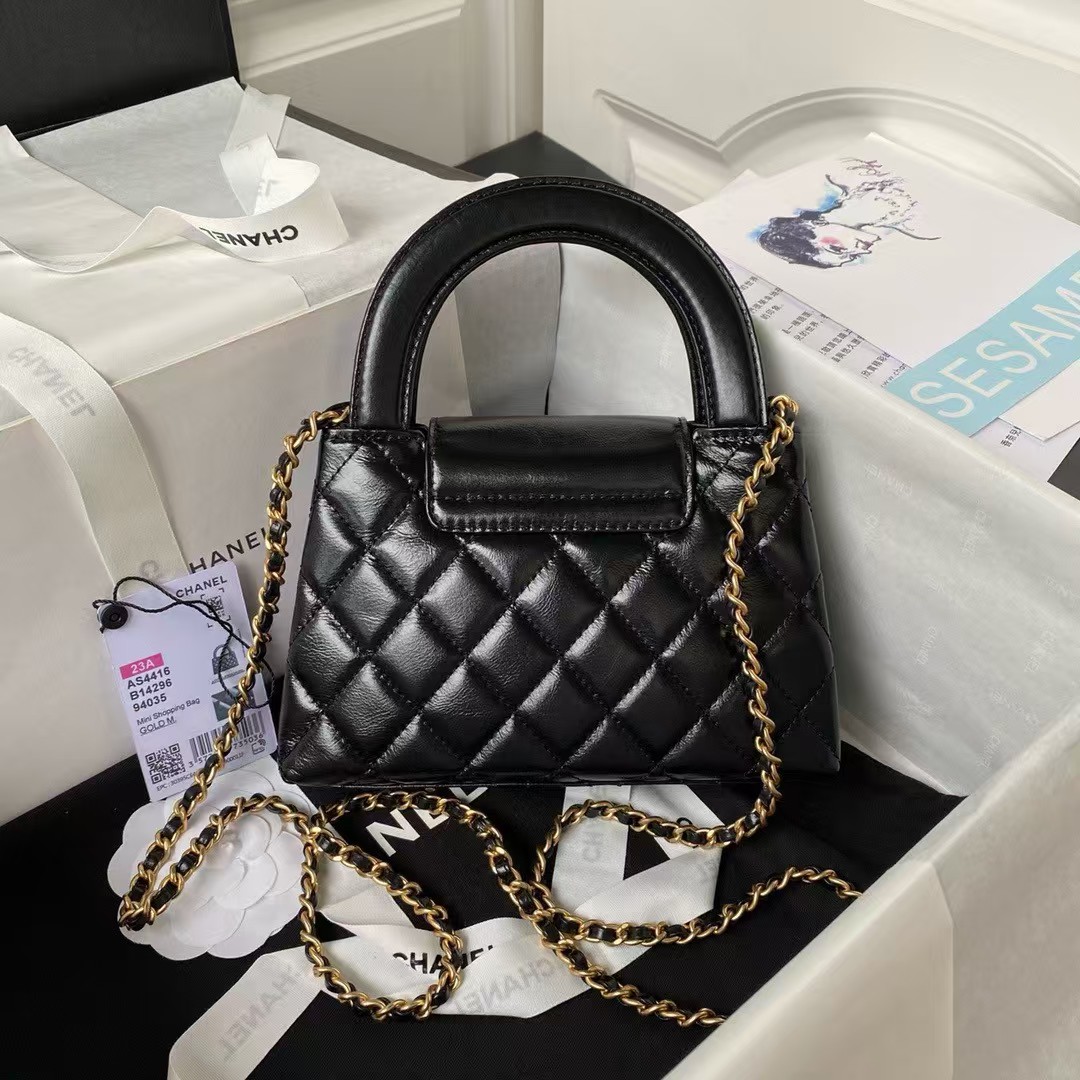 Chanel AS4416 Mini Shopping Bag Shiny Aged Calfskin Gold Tone Metal Black