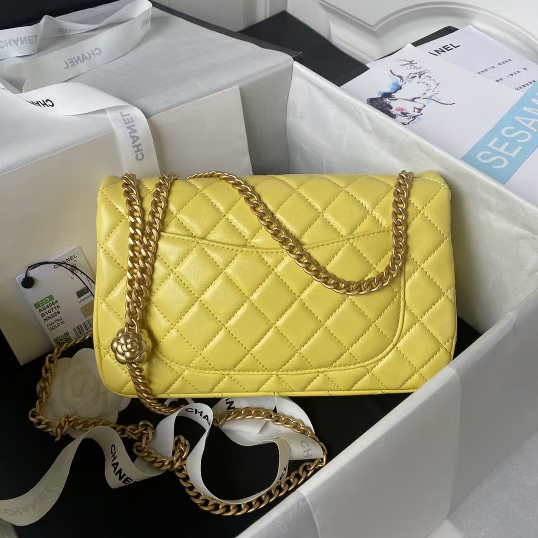 Chanel 23S AS4064 Camellia Embossed Chain Lambskin Flap Bag Yellow