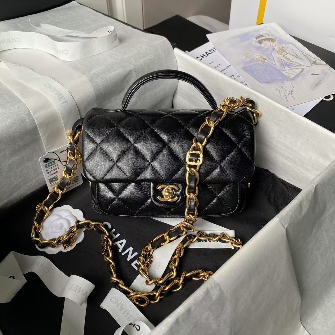 Chanel 24A AS4992 Mini Shiny Lambskin Flap Bag With Top Handle Black