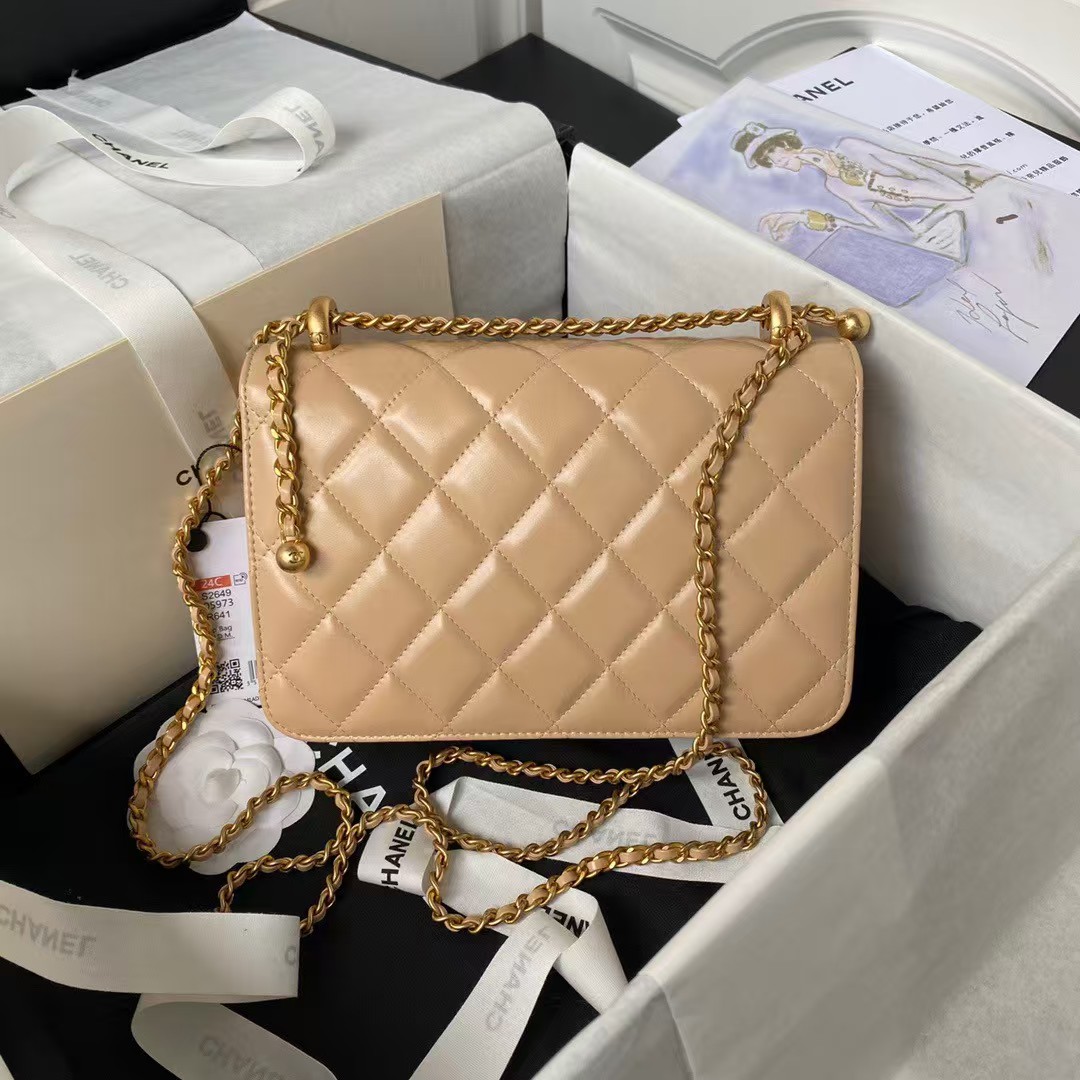 Chanel AS2649 Chain Bag With Gold Charm Small Vintage Calfskin Bag Beige