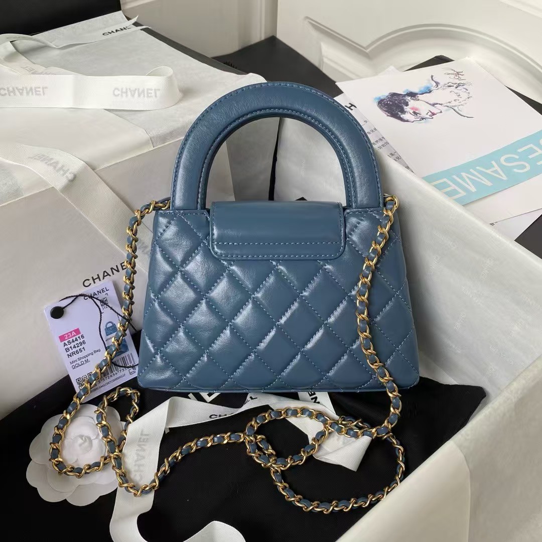 Chanel AS4416 Mini Shopping Bag Shiny Aged Calfskin Gold-Tone Metal Blue