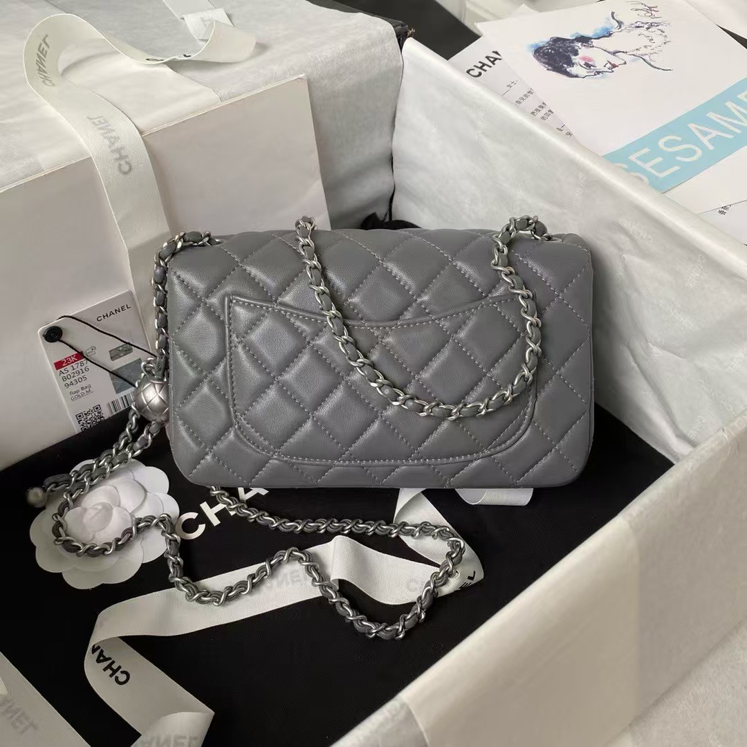 Chanel 23K AS1787 Mini Pearl Embossed Rectangular Flap Bag Lambskin Brushed Silver Metal Hardware Dark Grey