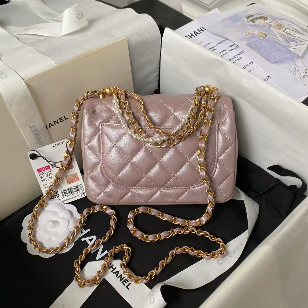 Chanel AS4385 Mini Flap Bag Pearl Lambskin Faux Pearl & Gold Metal Pink Iridescent