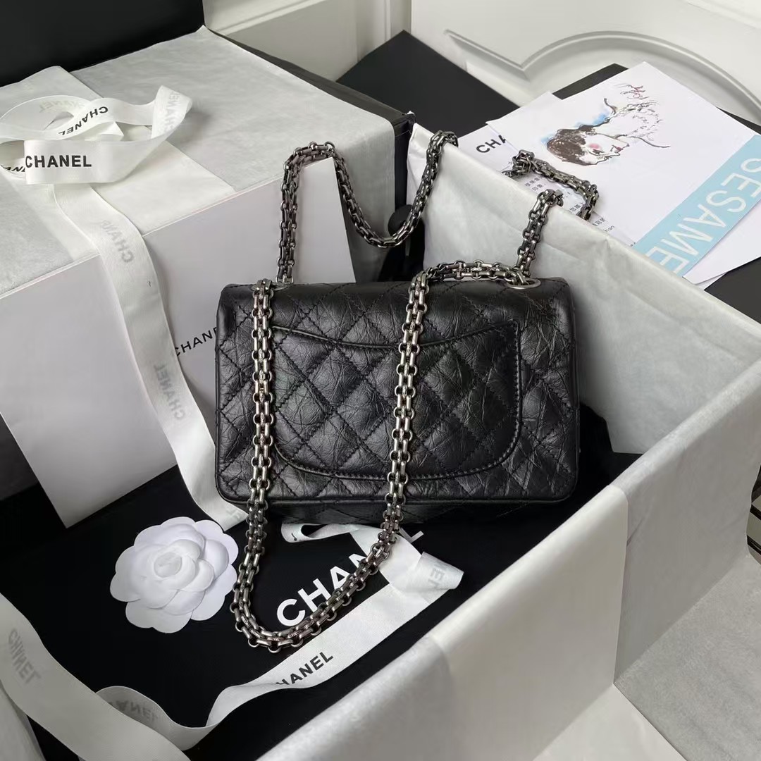 Chanel 23A Classic Mini 2.55 Flap Bag Black Distressed Calfskin Ruthenium Hardware