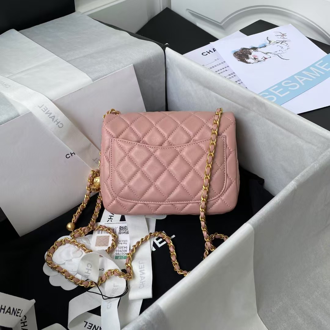 Chanel 23C AS1786 Mini Square Pearl Embossed Flap Bag Antique Gold Hardware Dark Pink
