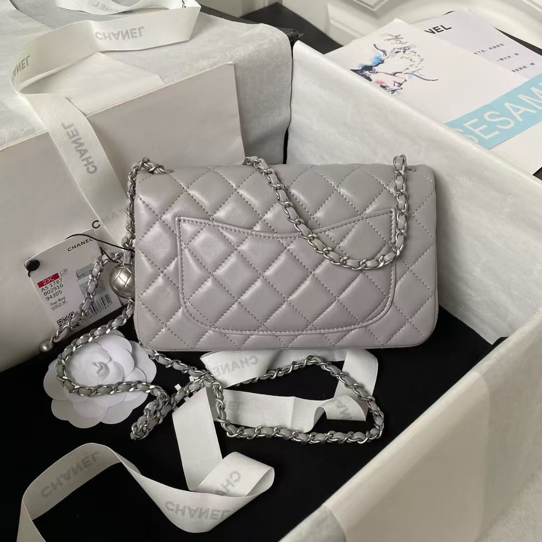 Chanel 23K AS1787 Mini Pearl Embossed Rectangular Flap Bag Lambskin Brushed Silver Metal Hardware Light Grey