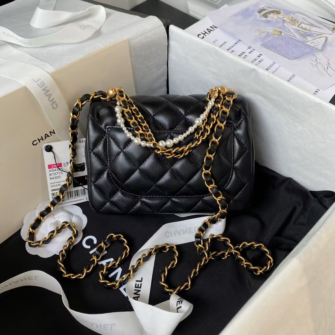 Chanel AS4385 Mini Flap Bag Pearl Lambskin Faux Pearl & Gold Metal Black