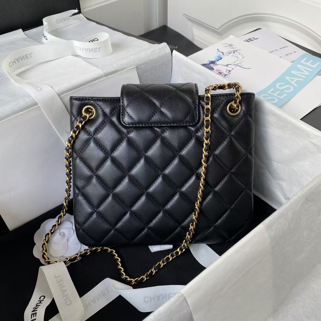 Chanel 24C AS4596 Vintage Logo Quilted Lambskin Shoulder Bag Black