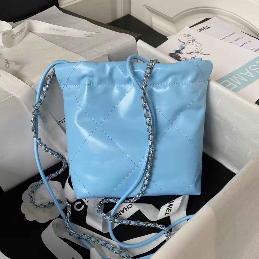 Chanel 22 AS3980 Mini Tote Shiny Calfskin & Silver-Tone Metal Sky Blue