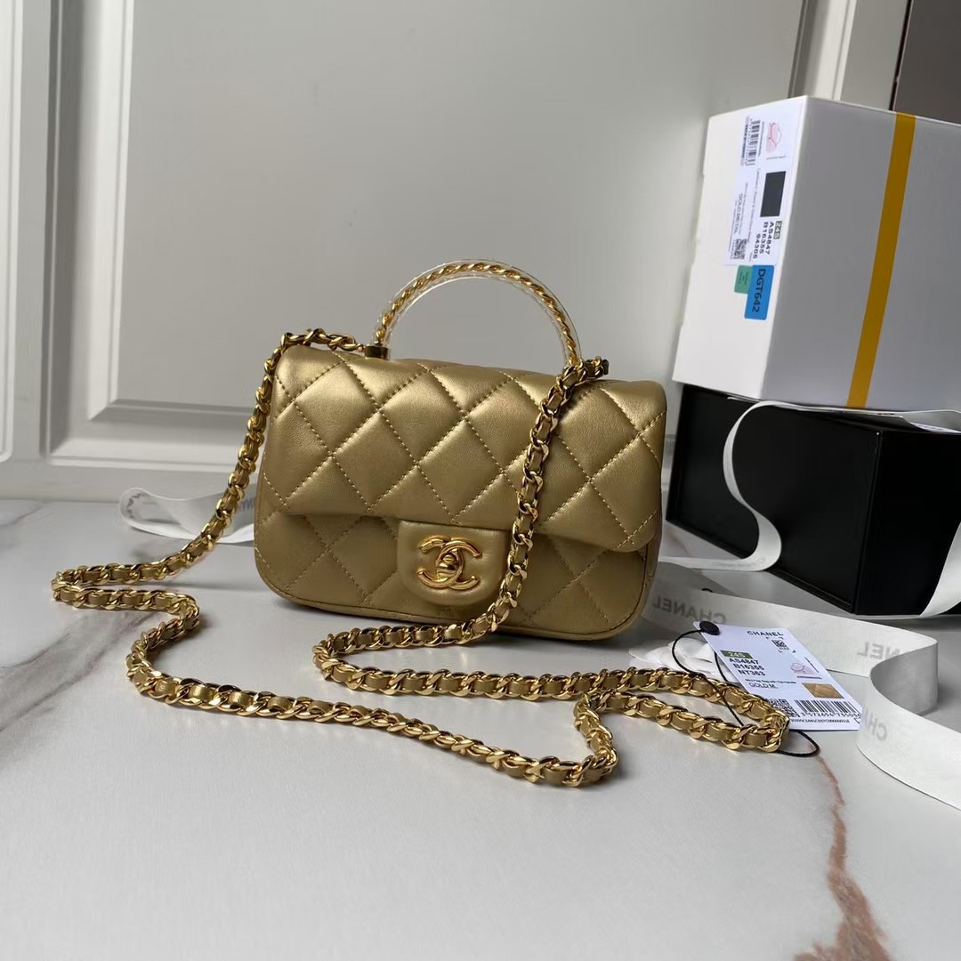 Chanel AS4847 Mini Flap Bag With Top Handle Lambskin Resin Gold