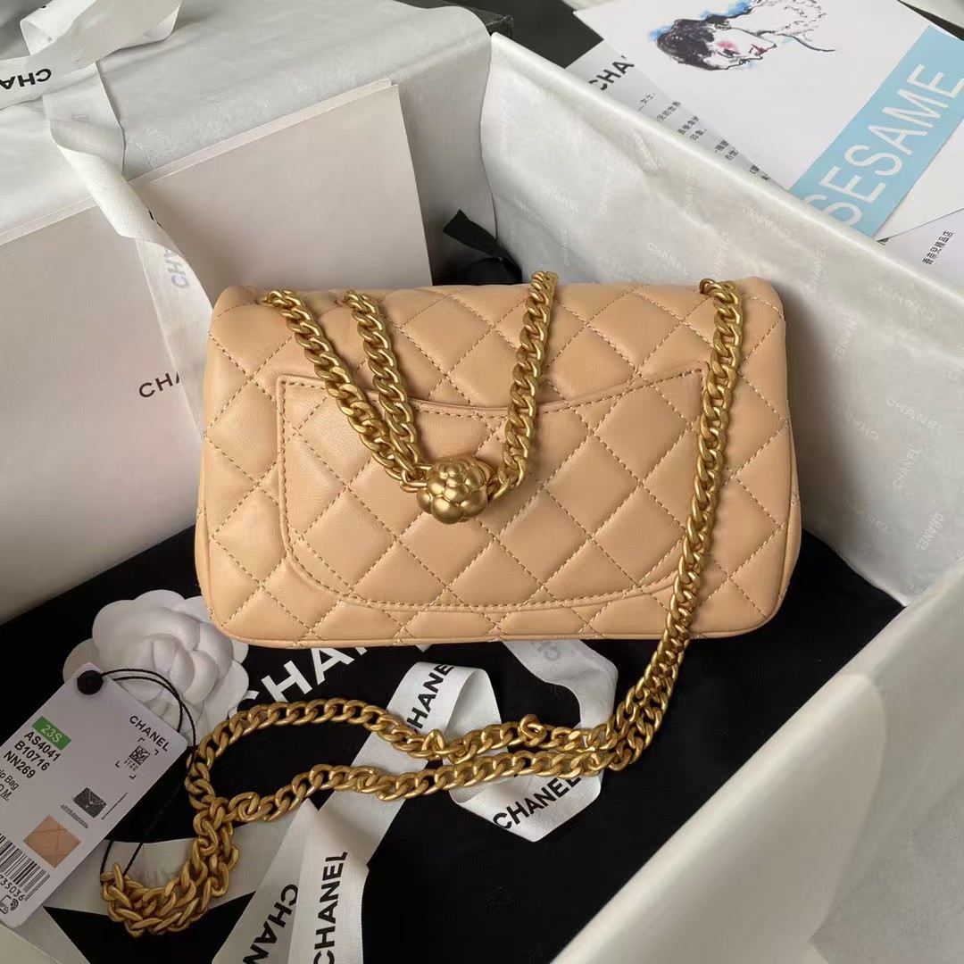 Chanel 23S AS4041 Mini Camellia Embossed Rectangular Flap Bag Antique Gold Metal Hardware Apricot