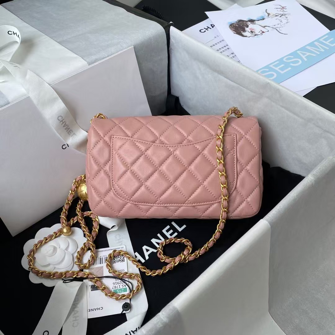 Chanel 23K AS1787 Mini Pearl Embossed Rectangular Flap Bag Lambskin Brushed Metal Hardware Dark Pink