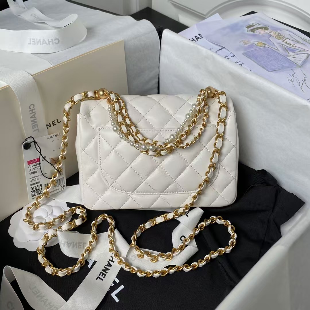 Chanel AS4385 Mini Flap Bag Pearl Lambskin Faux Pearl & Gold Metal White