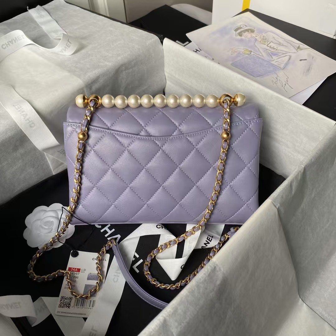 Chanel AS4997 Flap Bag With Top Handle Shiny Lambskin Imitation Pearls & Gold-Tone Metal Purple