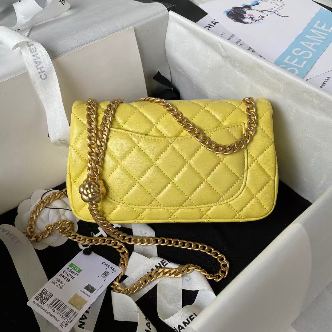 Chanel 23S AS4041 Mini Camellia Embossed Rectangular Flap Bag Antique Gold Metal Hardware Yellow