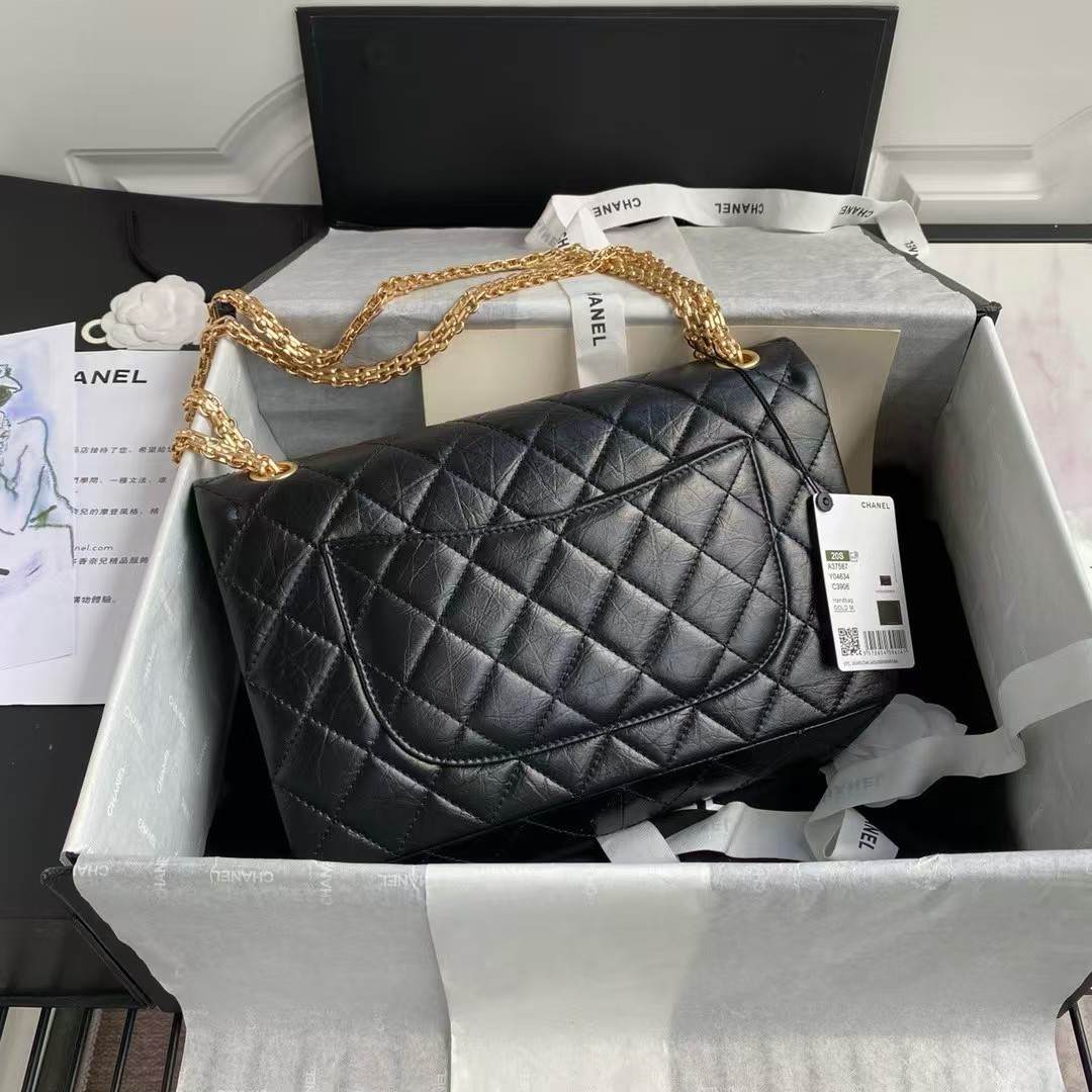 Chanel 23A A37587 Classic Large 2.55 Flap Bag Black Aged Calfskin Gold Metal Hardware