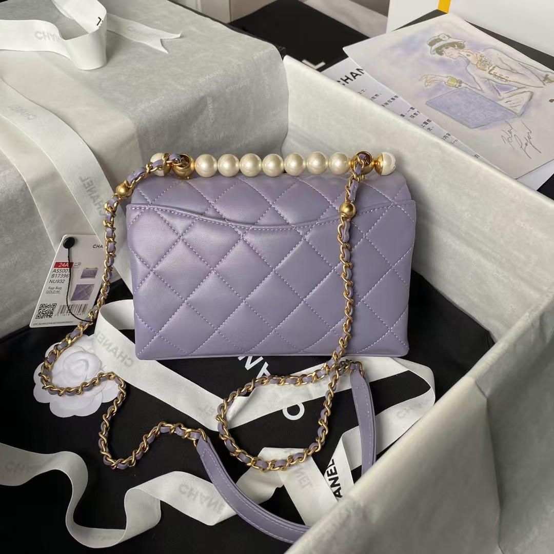 Chanel AS5001 Mini Flap Bag Top Handle Shiny Lambskin Faux Pearl & Gold Metallic Purple