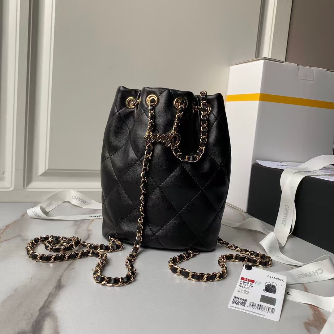 Chanel 24S AS4810 Medium CC Drawstring Backpack Shiny Lambskin Light Gold Hardware Black