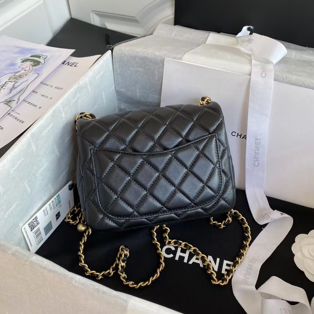 Chanel 23C AS1786 Mini Square Pearl Embossed Flap Bag Antique Gold Hardware Black