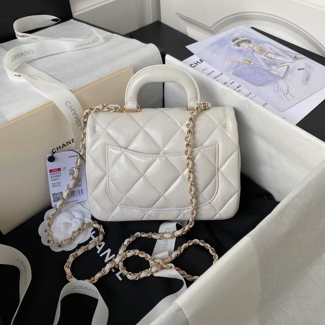 Chanel 24C AS4543 Mini Flap Bag Chain Bag Top Handle White Lambskin
