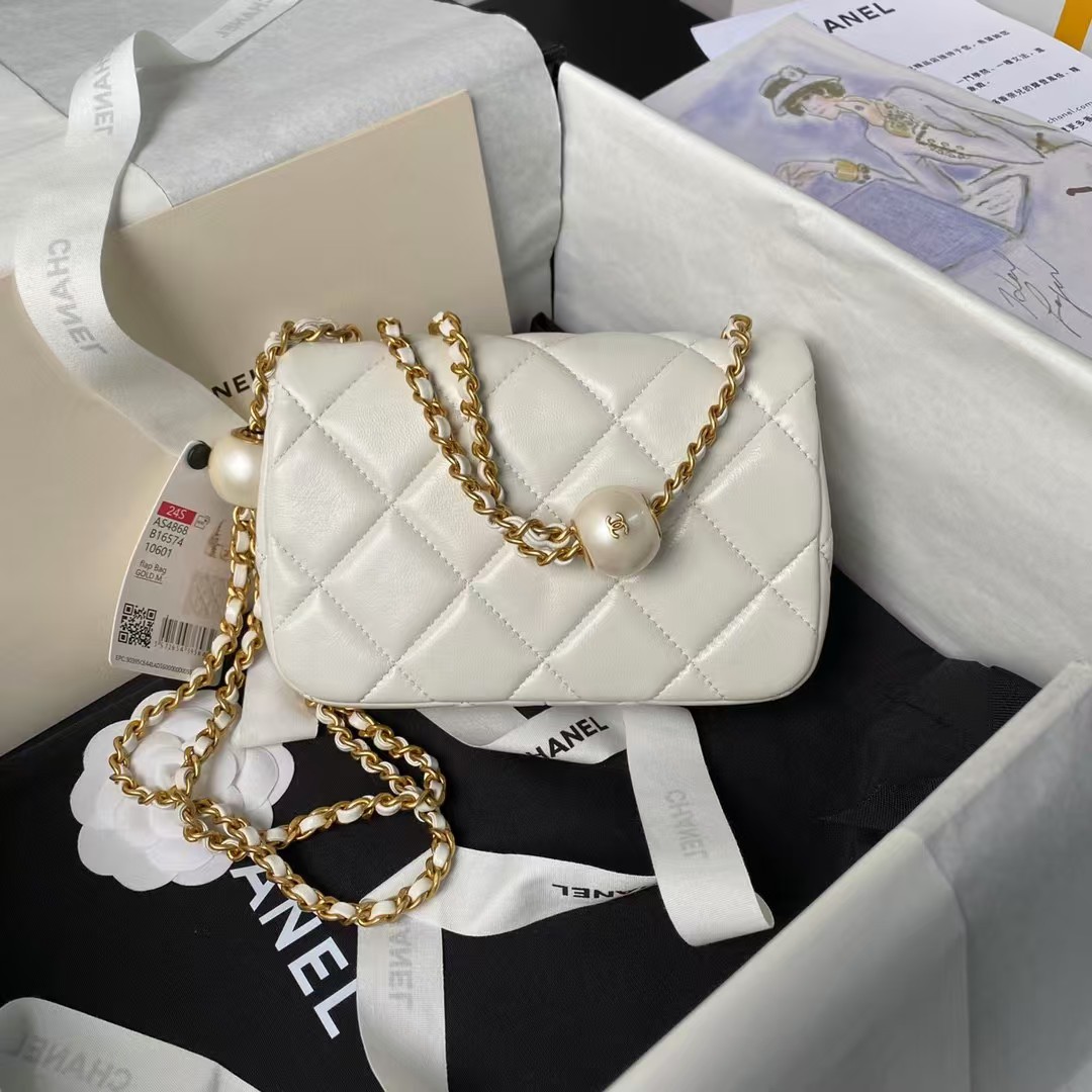 Chanel AS4868 Mini Flap Bag Pearl Lambskin Faux Pearl & Gold Metal White
