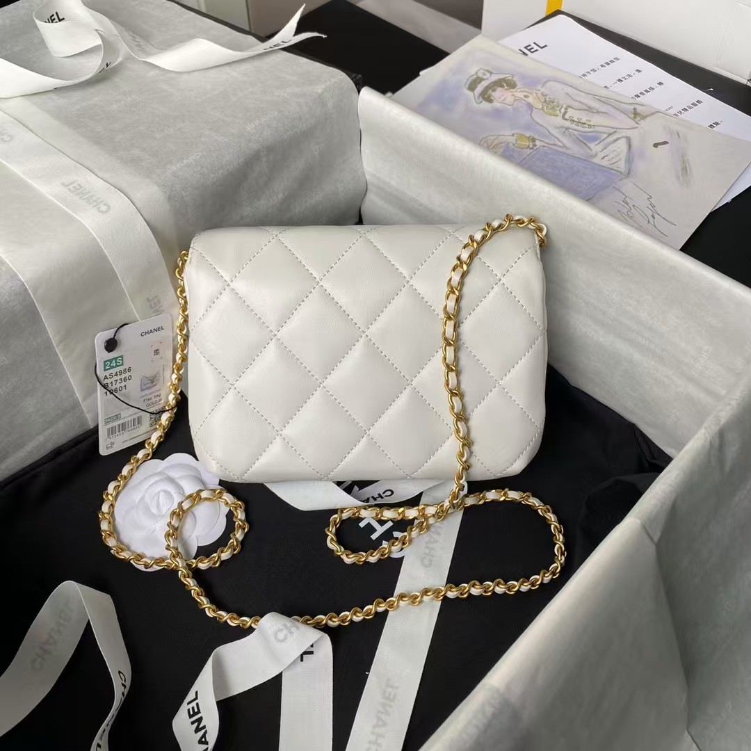 Chanel AS4986 Mini Flap bag Shiny Lambskin Imitation Pearls & Gold-Tone Metal White