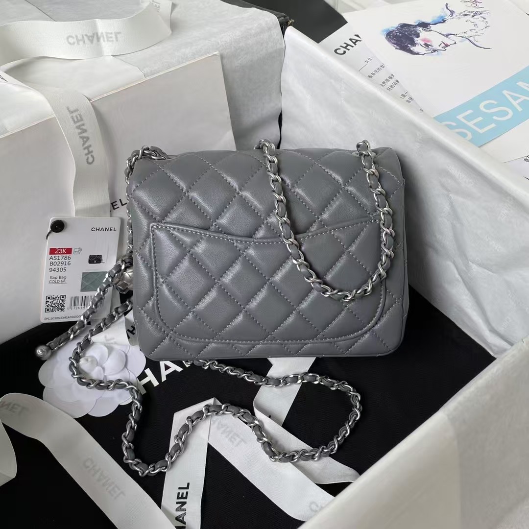 Chanel 23C AS1786 Mini Square Pearl Embossed Flap Bag Antique Silver Hardware Dark Grey