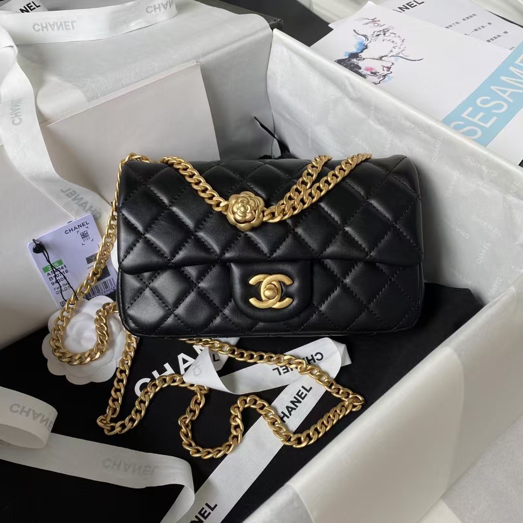 Chanel 23S AS4041 Mini Camellia Embossed Rectangular Flap Bag Antique Gold Hardware Black