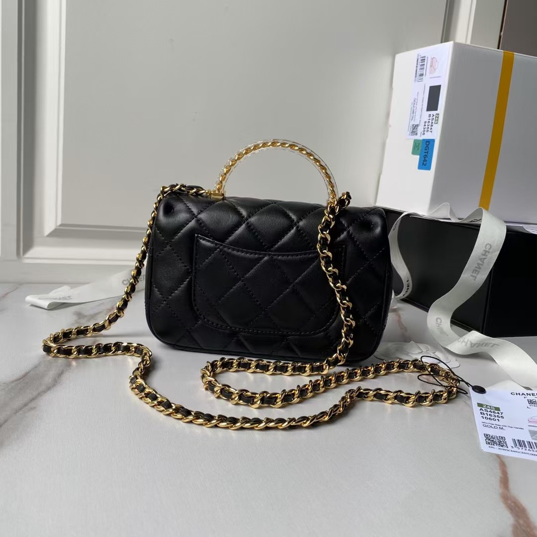 Chanel AS4847 Mini Flap Bag With Top Handle Lambskin Resin Black