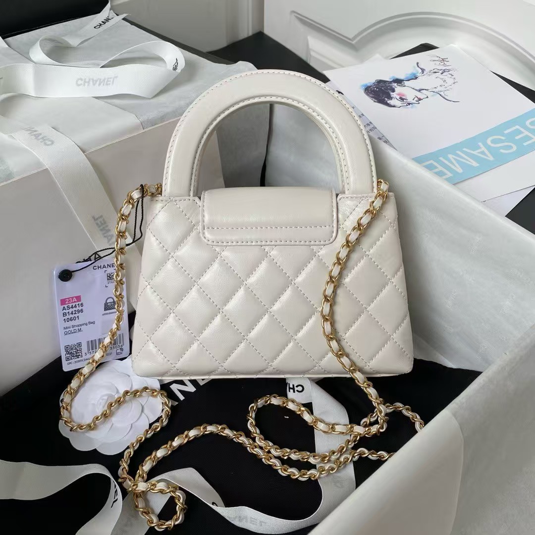 Chanel AS4416 Mini Shopping Bag Shiny Aged Calfskin Gold Tone Metal Off-White