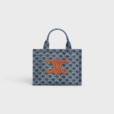 SMALL CABAS THAIS IN DENIM WITH TRIOMPHE ALL-OVER AND CALFSKIN DENIM / SILVER