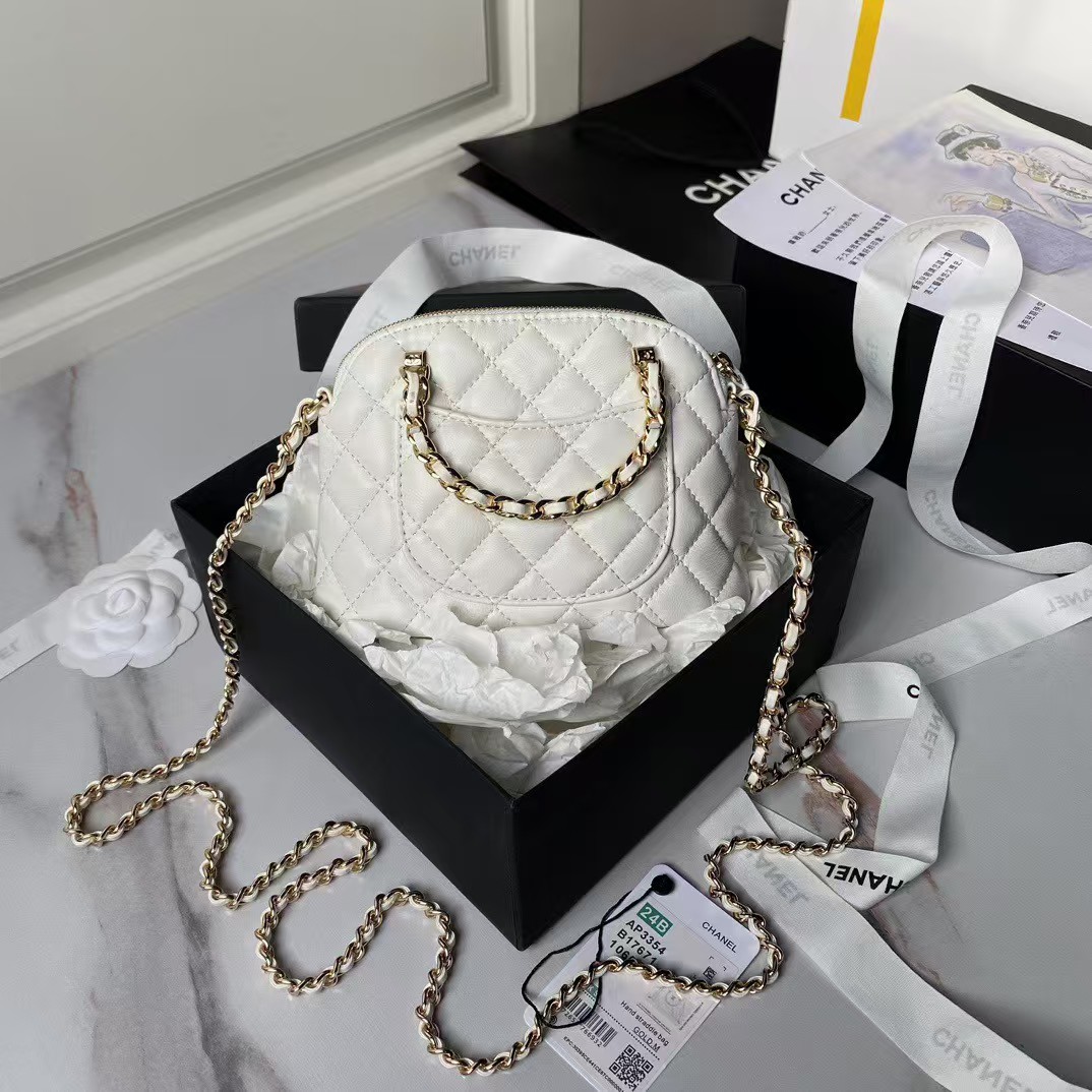 Chanel 24B AP3354 Calfskin Chain Clutch White