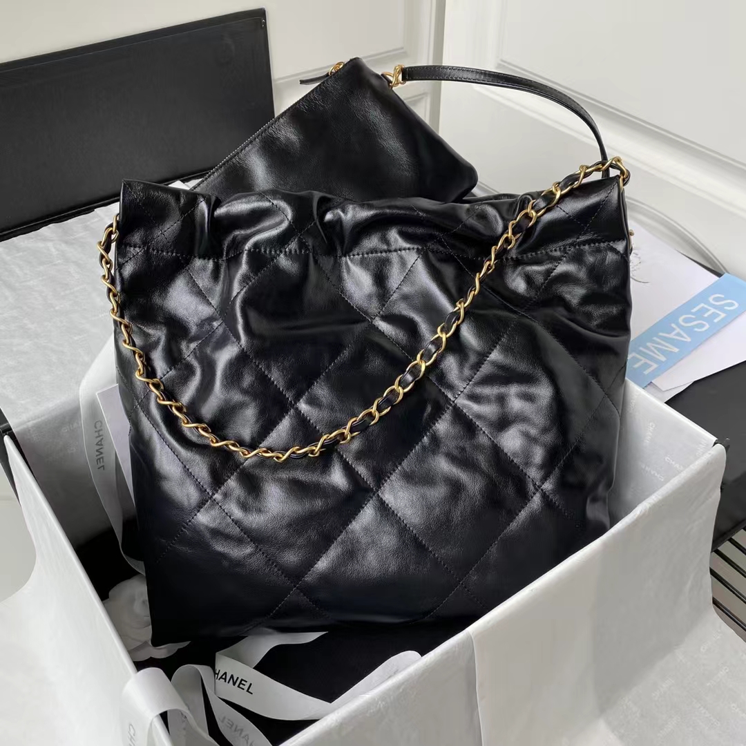 Chanel 22 AS3260 Small Bag Black Shiny Crumpled Calfskin Gold Hardware