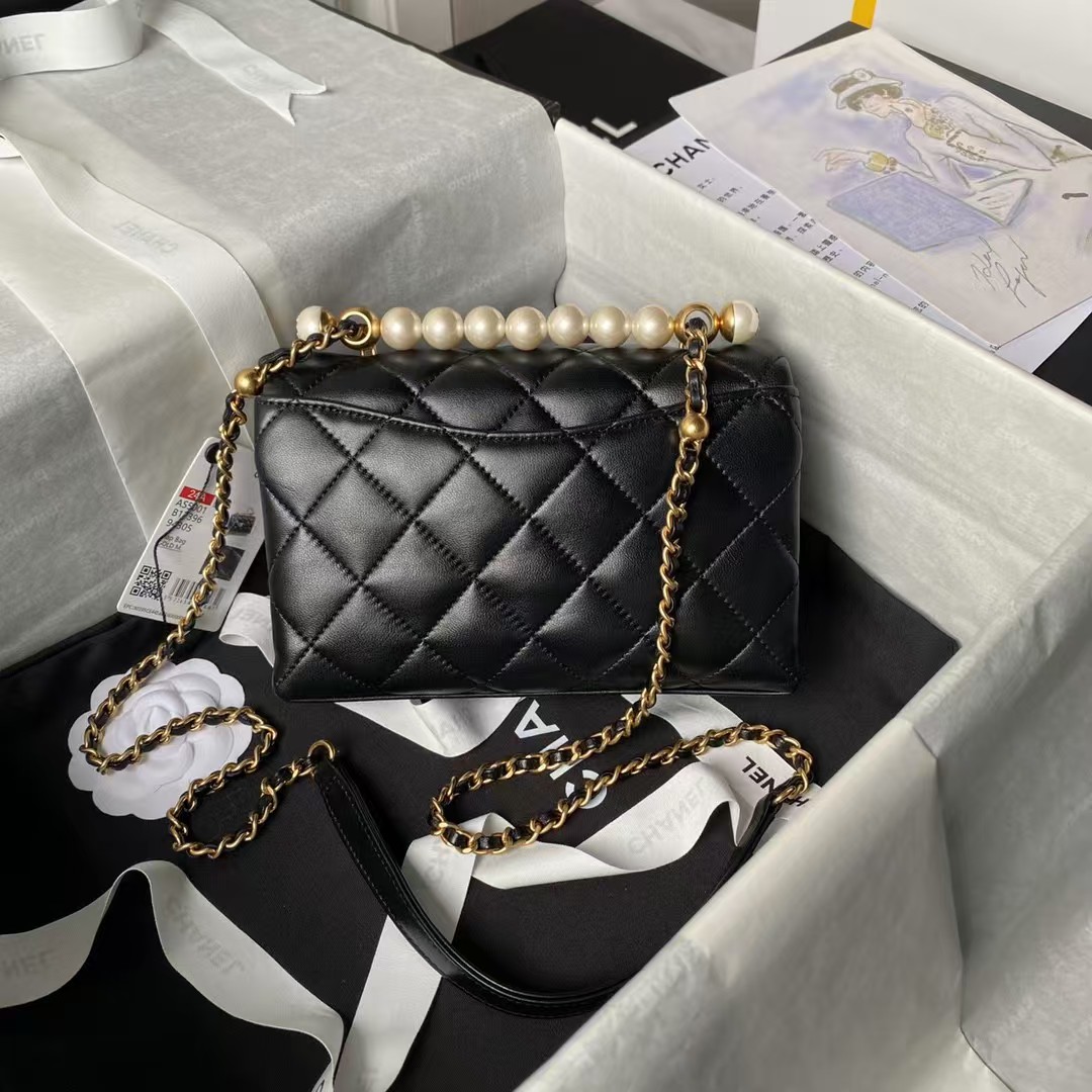 Chanel AS5001 Mini Flap Bag Top Handle Shiny Lambskin Imitation Pearl & Gold Metal Black